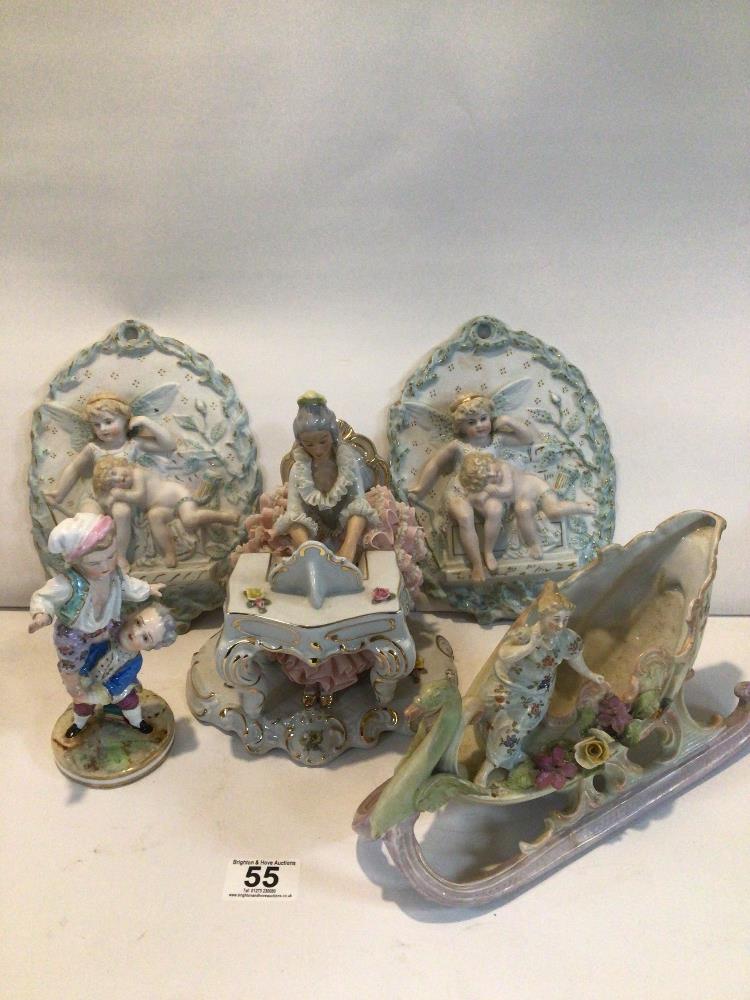 SANDIZELL PORCELAIN FIGURINE OF A WOMAN PLAYING PIANO, MEISSEN PORCELAIN FIGURE OF TWO YOUNG BOYS,