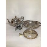 MIXED SILVERPLATE ITEMS, WALKER AND HALL TEAPOT, CANDIE SNUFFER AND MORE