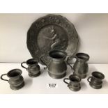 ART NOUVEAU PEWTER CIRCULAR DISH, WOMAN WITH HARP DETAILING. WITH NINE PEWTER BALUSTER TANKARDS