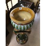 19TH CENTURY DOULTON LAMBETH MAJOLICA JARDINIERE STONEWARE ON STAND A/F, 93CM