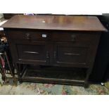 VINTAGE OAK CUPBOARD WITH TWO DRAWERS, BRASS DROP HANDLES, 108 X 43CM