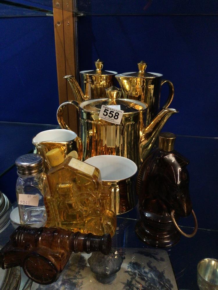 ROYAL WORCESTER PART TEA AND COFFEE SERVICE IN GOLD WITH FOUR GLASS ITEMS