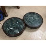 TWO ROUND GREEN MARBLE BASES ON WHEELS, 50CM