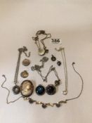MIXED SILVER/WHITE METAL JEWELLERY, CAMEO, NECKLACE, BROOCHES AND MORE
