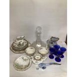 MIXED CERAMICS AND GLASSWARE, SHIPS DECANTER WITH LABEL, BRISTOL BLUE GLASS, AYNSLEY, SPODE (