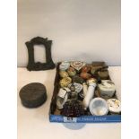SUNDRY OF SMALL ITEMS, INCLUDES CHINESE EMBOSSED CIRCULAR BOX, GERMAN PORCELAIN PIPE, TUNBRIDGE WARE