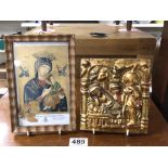 TWO RELIGOUS ITEMS, ICON AND MORE, THE LARGEST 14.5 X 22CM
