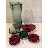 MIXED COLLECTION OF ART GLASS BOWLS AND VASES. NO MARKINGS.