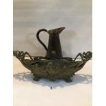 VINTAGE COPPER JUG WITH FIGURAL BRASS JARDINIERE.