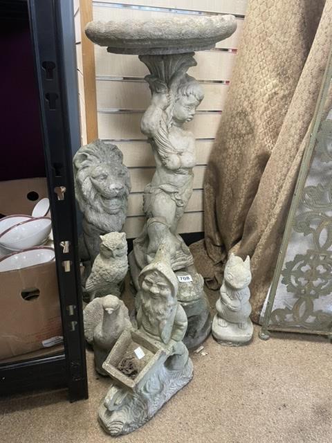 EIGHT CONCRETE GARDEN PIECES, LION, FROG, GNOME, OWL, SQUIRREL AND BIRD BATH - Image 3 of 6