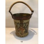 VINTAGE ENGLISH LEATHER ON COPPER HANDLED FIRE BUCKET WITH COAT OF ARMS.