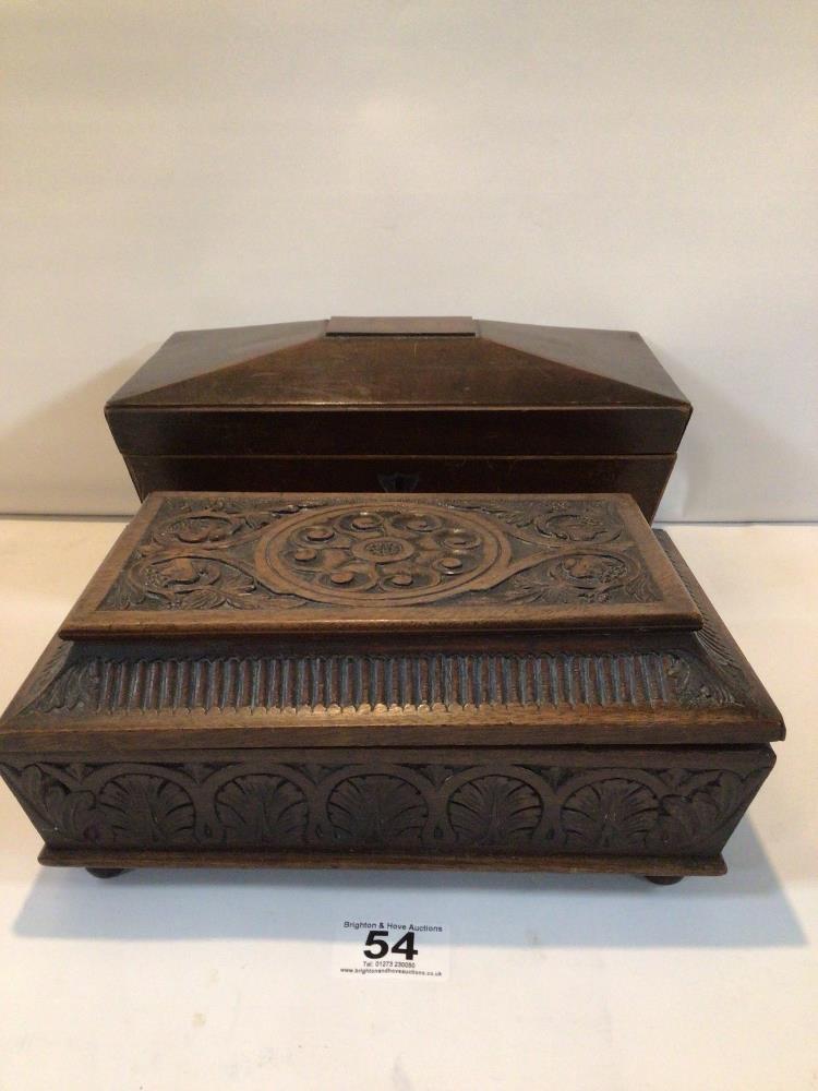 TWO VICTORIAN SARCOPHAGUS-SHAPED WOODEN BOXES. ONE CARVED WALNUT WORKBOX. THE OTHER IS A MAHOGANY - Image 2 of 4