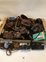 COLLECTION OF VINTAGE CAMERAS, CASES, AND ACCESSORIES. INCLUDES OLYMPUS, KONICA, AND MORE.