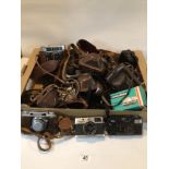 COLLECTION OF VINTAGE CAMERAS, CASES, AND ACCESSORIES. INCLUDES OLYMPUS, KONICA, AND MORE.