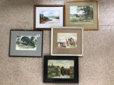 SELECTION OF FIVE MOSTLY SIGNED VINTAGE FRAMED AND GLAZED WATERCOLOURS. INCLUDING WALTER ROWREY