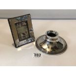 LARGE HALLMARKED SILVER CAPSTAN INKWELL, 14CM WITH A HALLMARKED SILVER RECTANGULAR PHOTO FRAME
