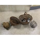 THREE WICKER BASKETS ONE WIRE BASKET WITH MORE