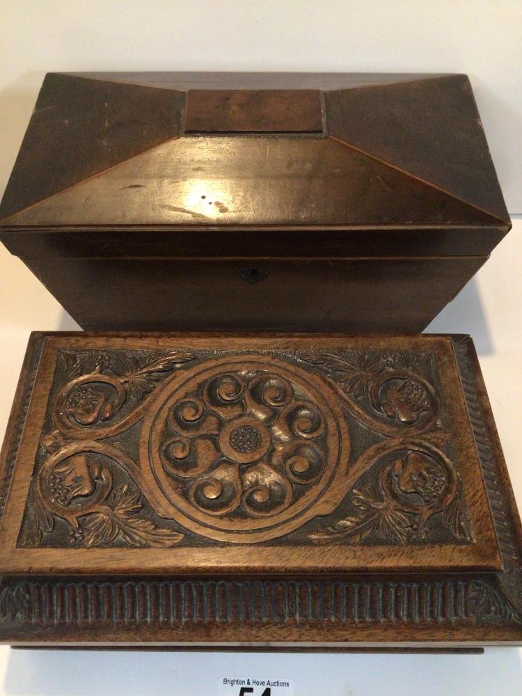 TWO VICTORIAN SARCOPHAGUS-SHAPED WOODEN BOXES. ONE CARVED WALNUT WORKBOX. THE OTHER IS A MAHOGANY - Image 3 of 4