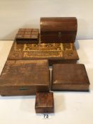 MIXED VINTAGE WOODEN STORAGE/TREEN BOXES, INCLUDING A MUSICAL MARQUETRY JEWELLERY BOX, NOUGHTS AND