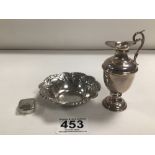 925 SILVER MINIATURE BALUSTER EWER, 9CM EMBOSSED CIRCULAR DISH WITH AN ENGRAVED SQUARE PATCH BOX