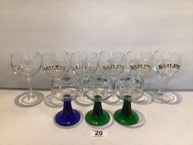 MIXED COLLECTION OF BRANDED LEADED STEM GLASSES, THREE COLOURED. SET OF SIX BAILEYS, PAIR OF