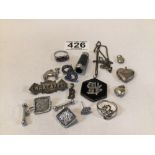 MIXED SILVER AND WHITE METAL JEWELLERY, RING, EARRINGS, BROOCHES AND MORE