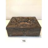 VINTAGE ORIENTAL BRONZE TRINKET BOX, WITH WOOD INTERIOR AND HIGH RELIEF DRAGON CARVING TO LID. A/F