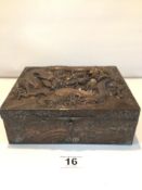 VINTAGE ORIENTAL BRONZE TRINKET BOX, WITH WOOD INTERIOR AND HIGH RELIEF DRAGON CARVING TO LID. A/F