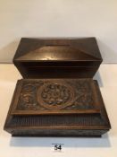 TWO VICTORIAN SARCOPHAGUS-SHAPED WOODEN BOXES. ONE CARVED WALNUT WORKBOX. THE OTHER IS A MAHOGANY