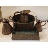 FIVE VINTAGE COPPERWARE ITEMS. THREE JUGS / PITCHERS, A POT, AND A TROUGH / PLANTER.