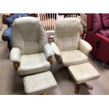 TWO CREAM LEATHER SWIVEL CHAIRS WITH MATCHING STOOLS