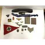 MIXED MILITARY RELATED ITEMS, BELTS, BADGES, BOOKS, AND MORE