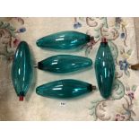 FIVE COLOUR TEAL GLASS LIGHT SHADES, 42CM MID-CENTURY