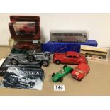 MIXED VINTAGE DIE CAST MODEL CARS AND BUSES. INCLUDES FRANKLIN MINT SILVER GHOST ROLLS ROYCE, TRI-