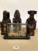 SET OF THREE WOOD CARVINGS DEPICTING FU, LU, AND SHOU STAR DEITIES. WITH VINTAGE CARVED CORK