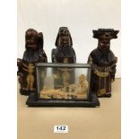 SET OF THREE WOOD CARVINGS DEPICTING FU, LU, AND SHOU STAR DEITIES. WITH VINTAGE CARVED CORK