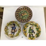 PAIR OF CONTINENTAL TIN GLAZED WALL PLATES WITH PAINTED FIGURES, 29CM WITH ONE OTHER