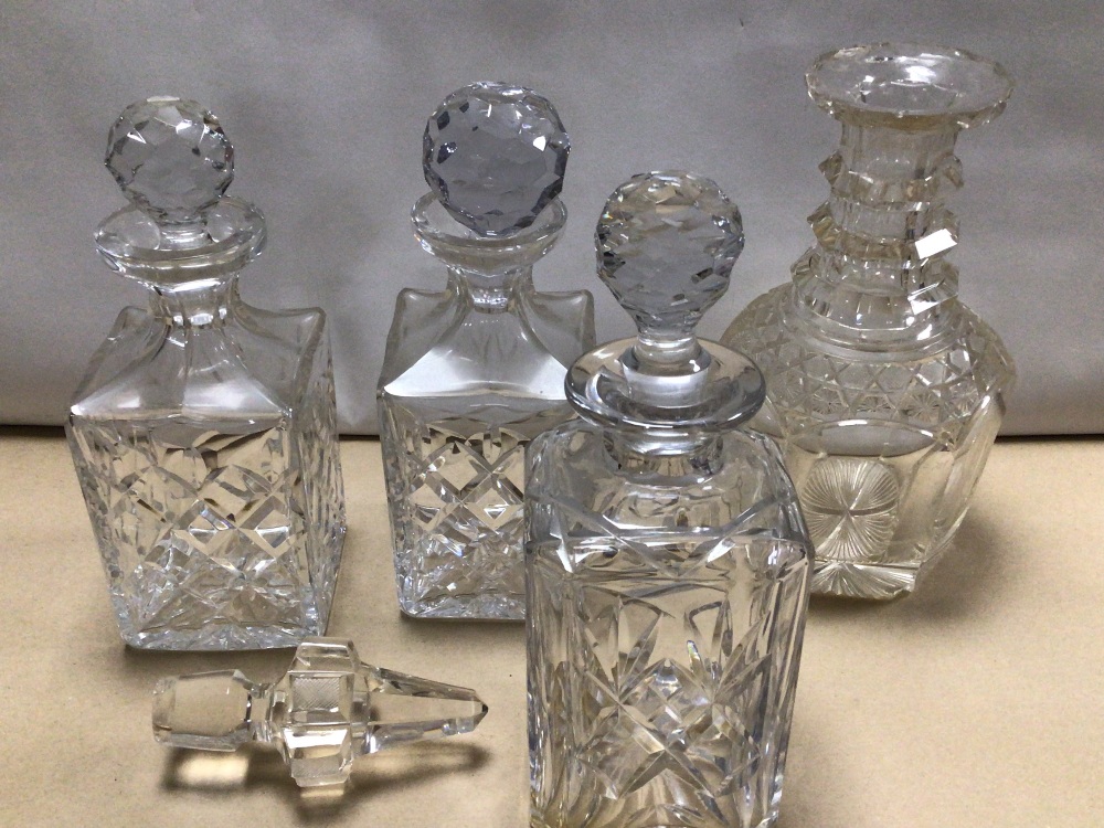 HEAVY VICTORIAN HOBNAIL CUT GLASS DECANTER AND THREE SQUARE WHISKY DECANTERS. (TWO BEING A PAIR). - Image 3 of 6