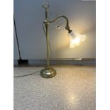 ANTIQUE BRASS ADJUSTABLE LAMP WITH VASELINE GLASS FLOWER SHADE, 56CM