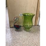 MURANO GLASS DUCK WITH A GREEN BUBBLE GLASS VASE, 21CM