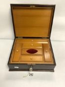 VINTAGE WOODEN JEWELLERY BOX WITH FITTED INTERIOR AND DETAIL, INLAY TO TOP, 27 X 32CM