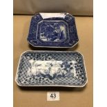 TWO ORIENTAL BLUE AND WHITE (ONE RECTANGULAR AND THE OTHER SQUARE) DISHES WITH FLORA AND FAUNA