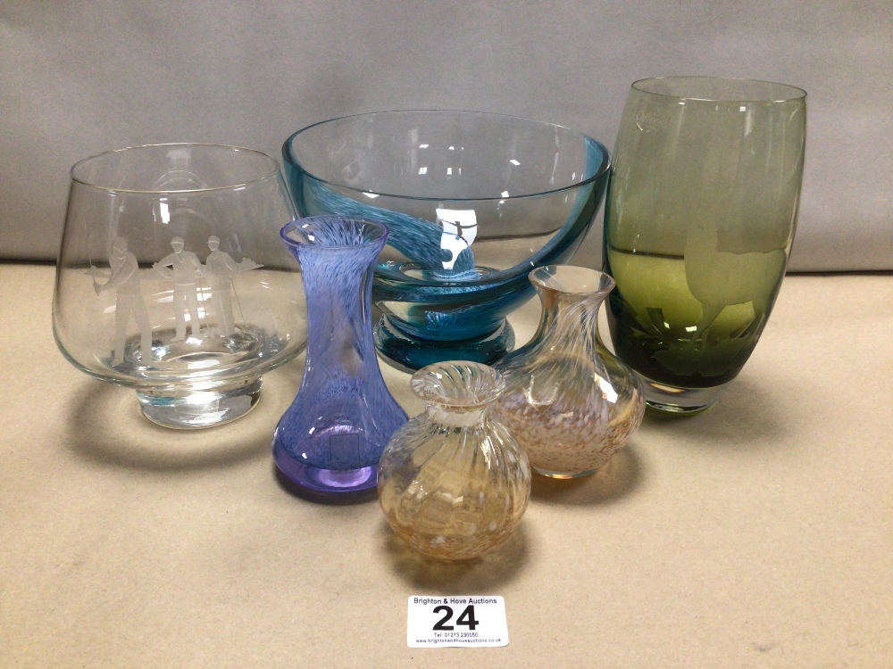 SIX ITEMS OF CAITHNESS GLASSWARE, INCLUDING A SWIRL DECORATED BOWL AND TWO ENGRAVED VASES. ONE