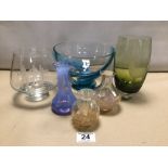 SIX ITEMS OF CAITHNESS GLASSWARE, INCLUDING A SWIRL DECORATED BOWL AND TWO ENGRAVED VASES. ONE