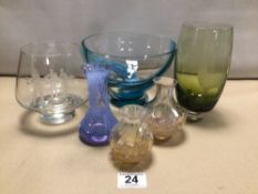 SIX ITEMS OF CAITHNESS GLASSWARE, INCLUDING A SWIRL DECORATED BOWL AND TWO ENGRAVED VASES. ONE