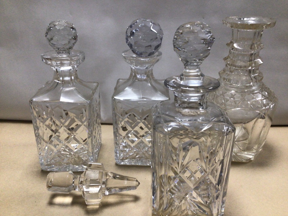 HEAVY VICTORIAN HOBNAIL CUT GLASS DECANTER AND THREE SQUARE WHISKY DECANTERS. (TWO BEING A PAIR). - Image 4 of 6