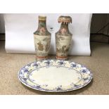 PAIR OF JAPANESE SATSUMA VASE A/F, 41CM WITH A LARGE BLUE AND WHITE MEAT PLATE, 52 X 42CM