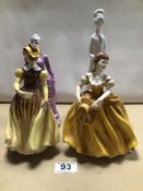 SPODE WHITE GLAZED FIGURINE OF A WOMAN WITH THREE COALPORT FIGURINES OF LADIES (ONE A/F). THE