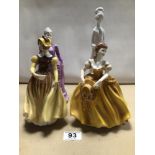 SPODE WHITE GLAZED FIGURINE OF A WOMAN WITH THREE COALPORT FIGURINES OF LADIES (ONE A/F). THE