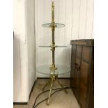 HEAVY BRASS AND GLASS THREE TIER STAND, 110CM